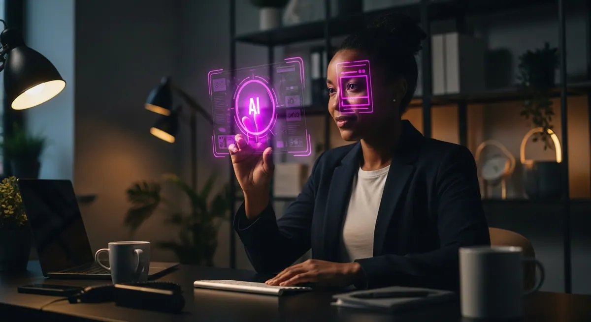 A business owner working with AI tools at her desk